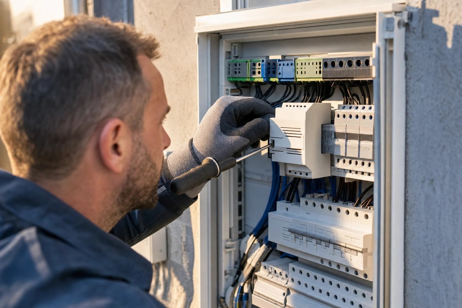 An electrician installs a load management module into a control cabinet.
