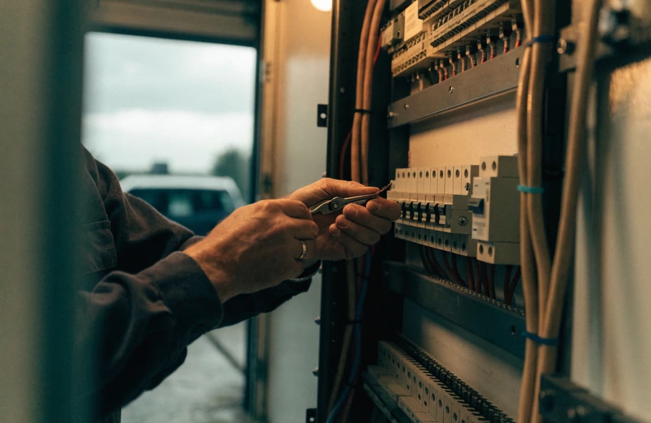 An electrician wiring a charging point in the control cabinet