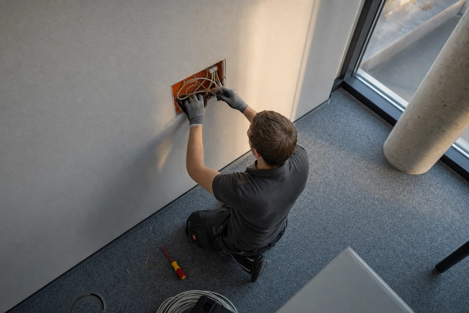 Eine Elektrofachkraft installiert die Verkabelung einer Wallbox an einer Bürowand.