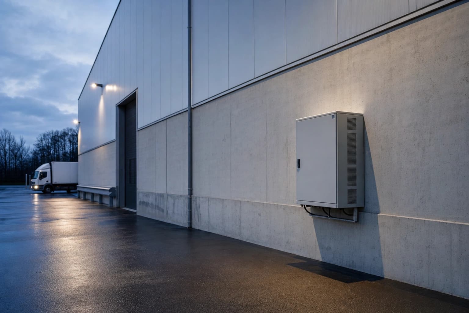 Battery buffer cabinet on a commercial exterior wall