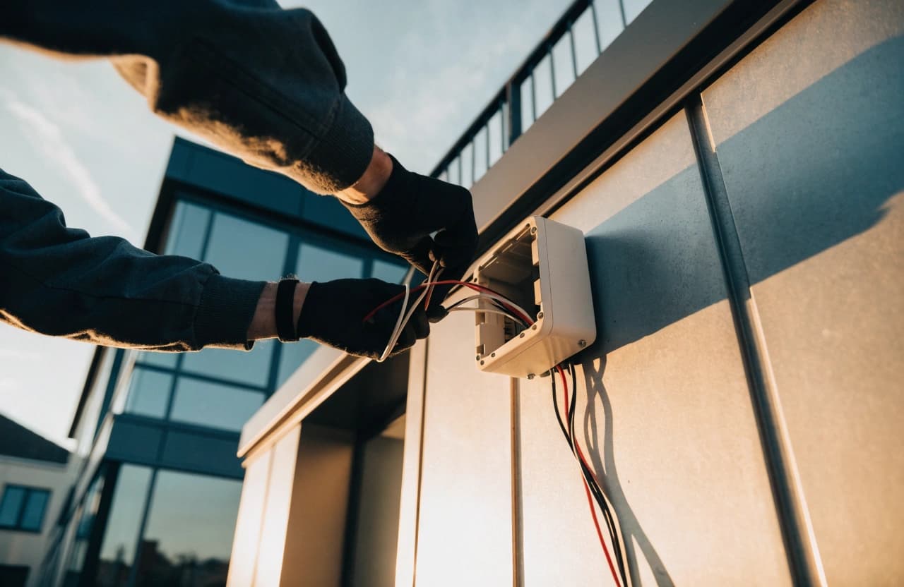 Close-up of an electrician's hands wiring a wallbox on an outside wall.