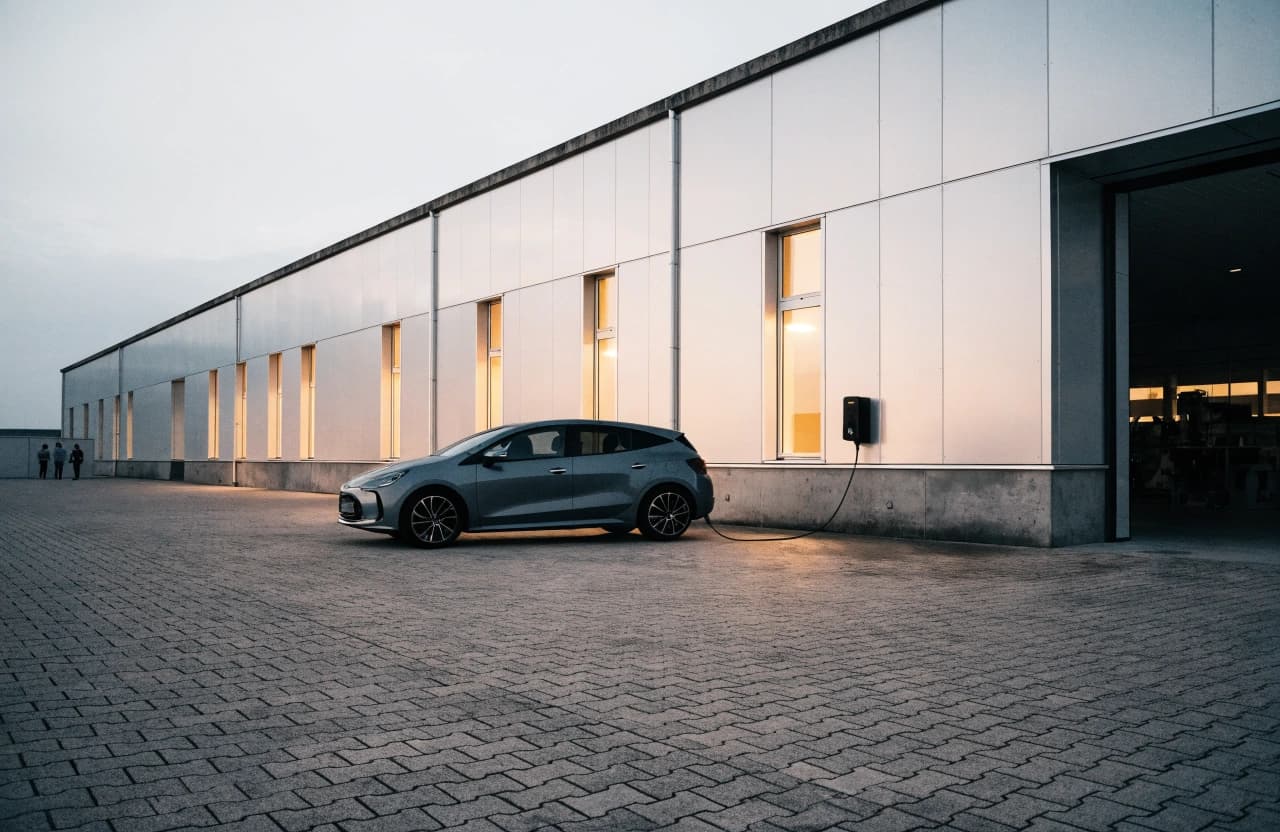 A wallbox on the outside wall of a company building; an electric car charges in front of it