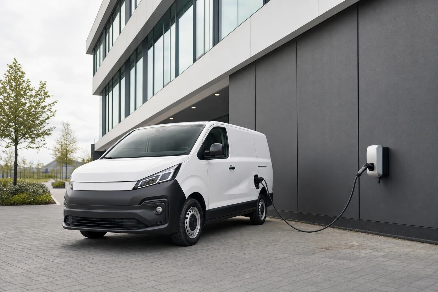An electric van is charging at a wallbox on a company façade.