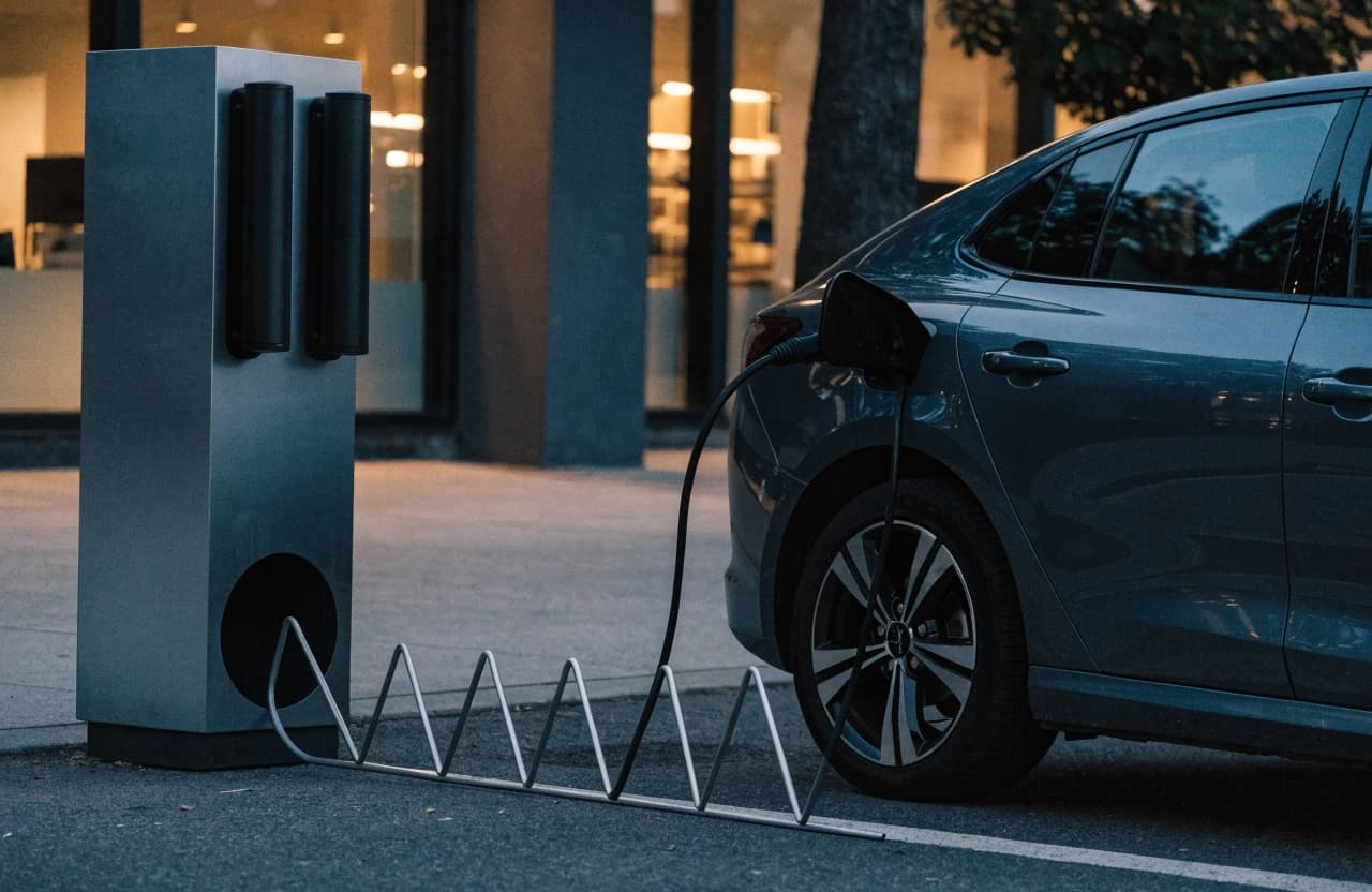 An electric car charges at an HPC station with cable management in front of a retail location.