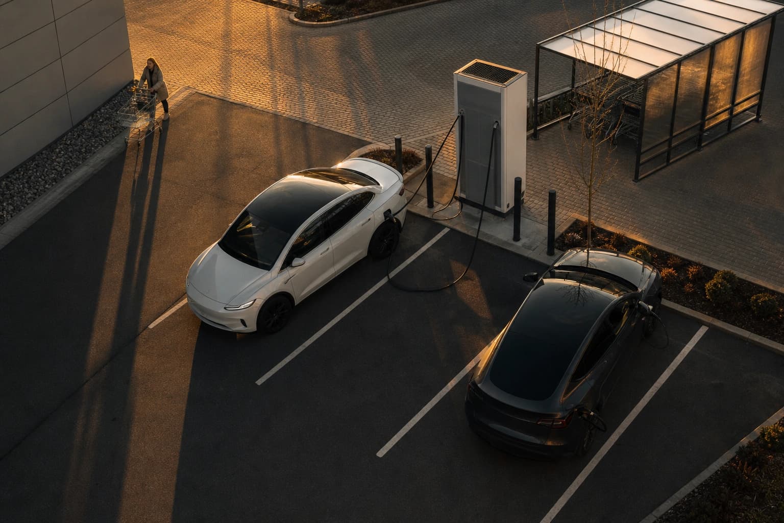 Schnellladesäule auf einem Supermarktparkplatz