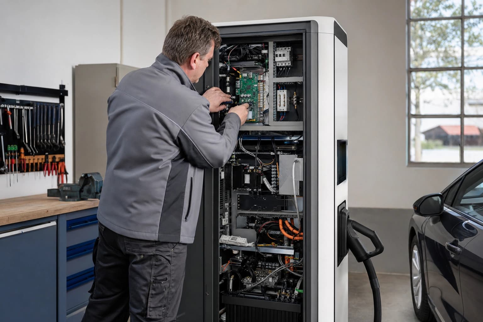 A qualified electrician checks the metering equipment inside a charge point.
