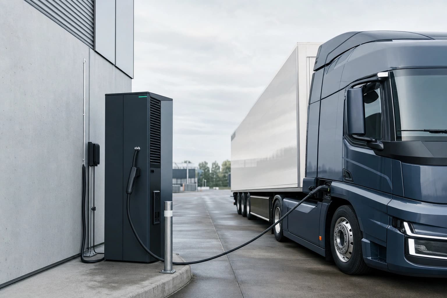 Industrial DC fast charger at a logistics depot with an electric truck connected