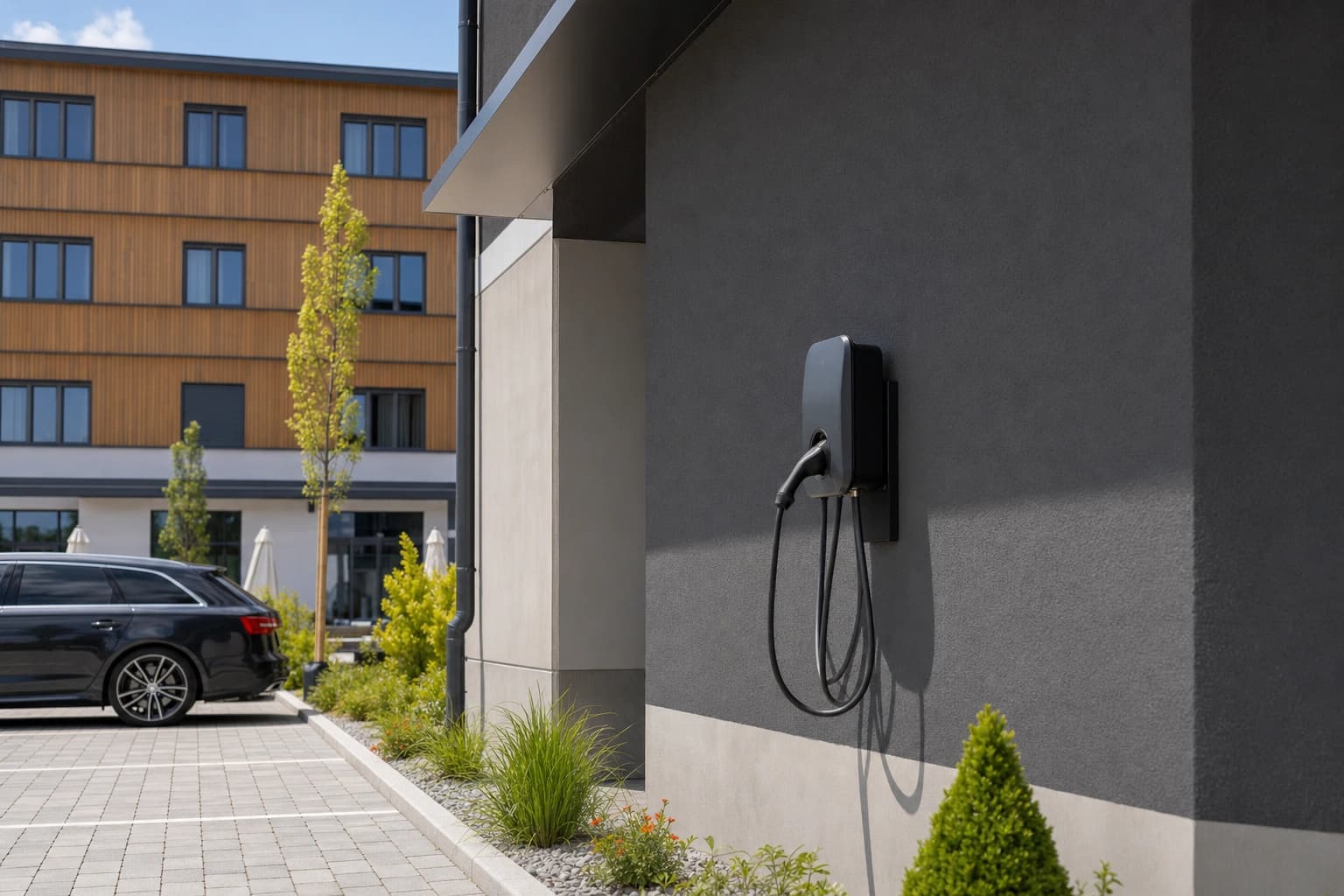Wallbox on a modern hotel facade