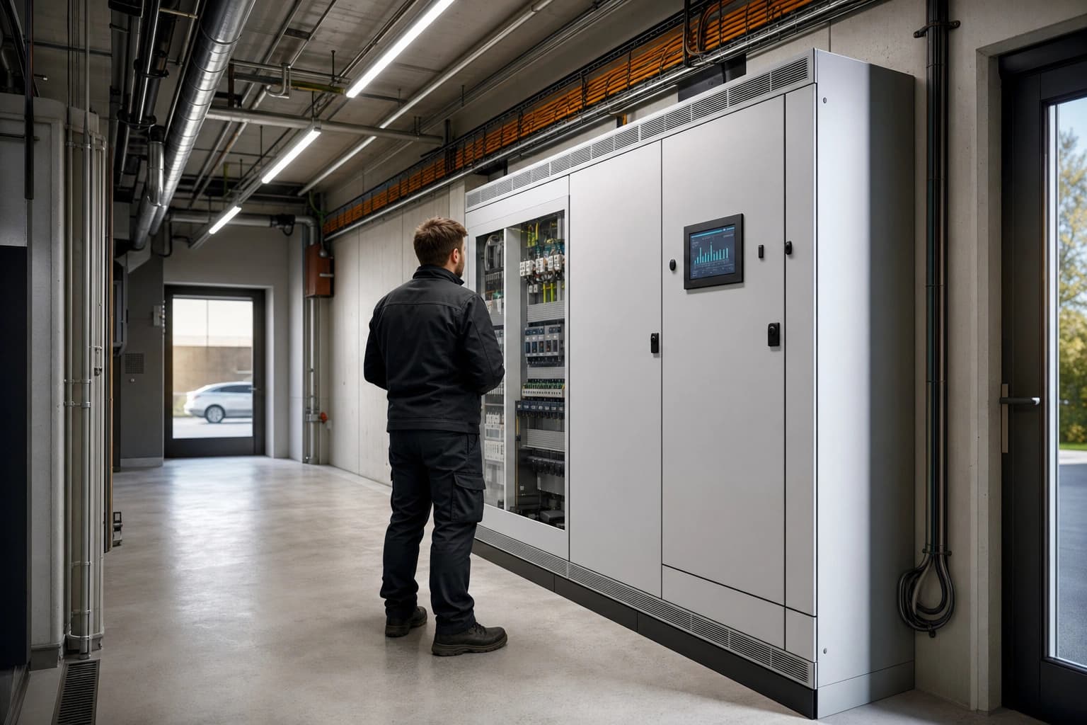 Ein moderner Schaltschrank mit digitalem Lastmanagement-Display in einem Technikraum.