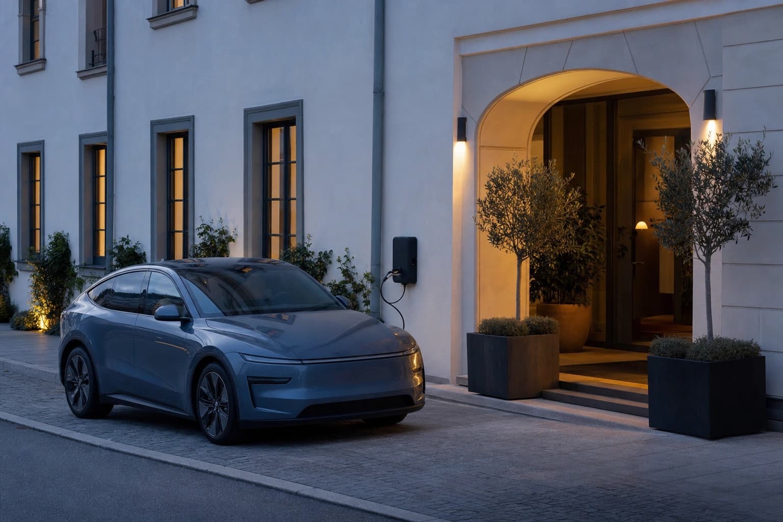 Electric car charging in front of a hotel