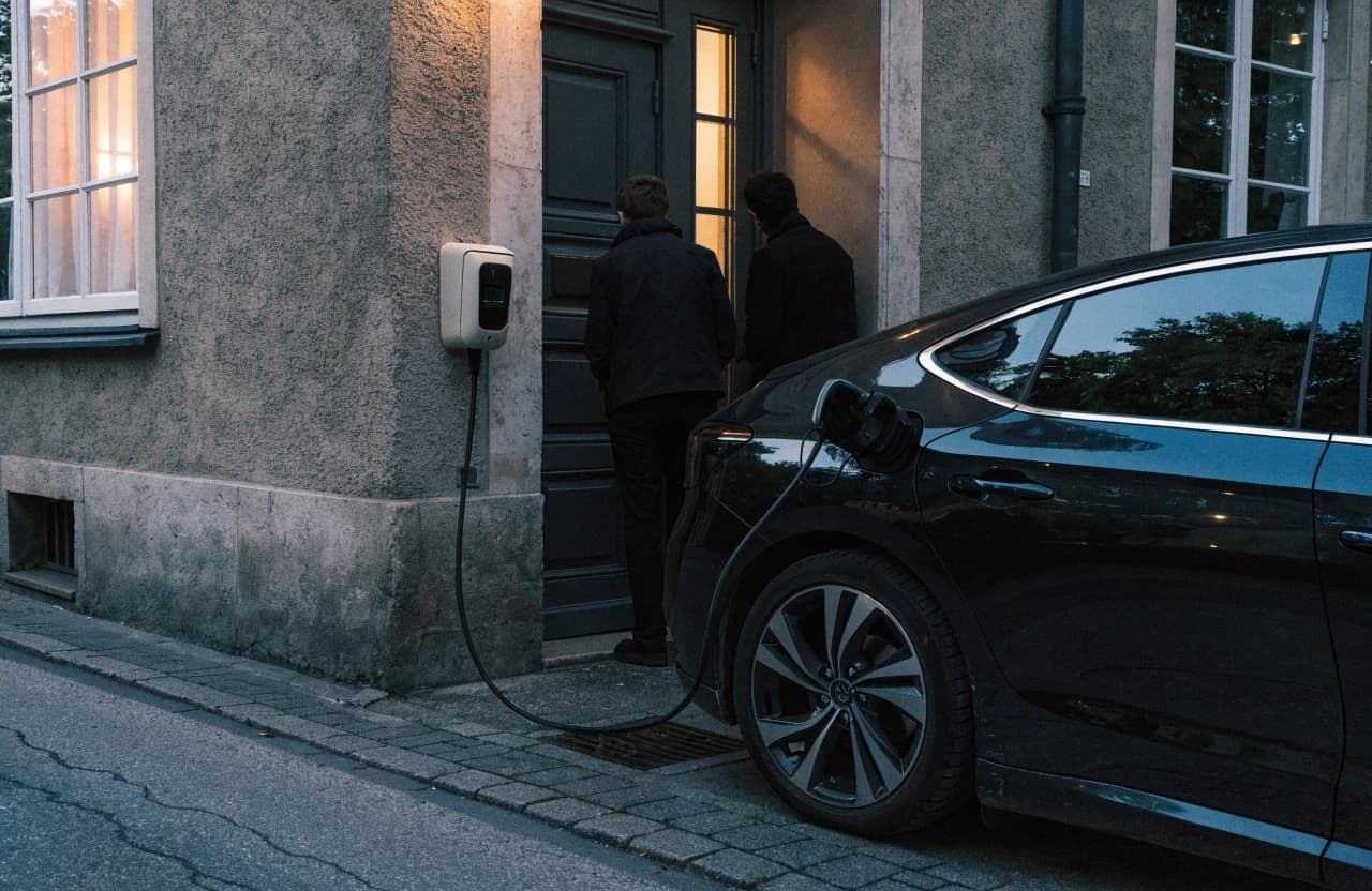 Elektroauto lädt vor einem Hotel