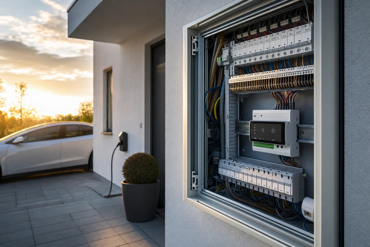 A control cabinet with a digital load management module on a DIN rail.