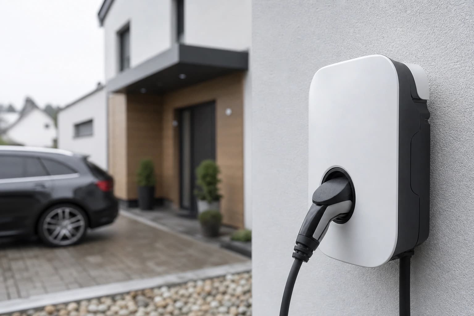 Moderne bidirektionale Wallbox an einer Hauswand