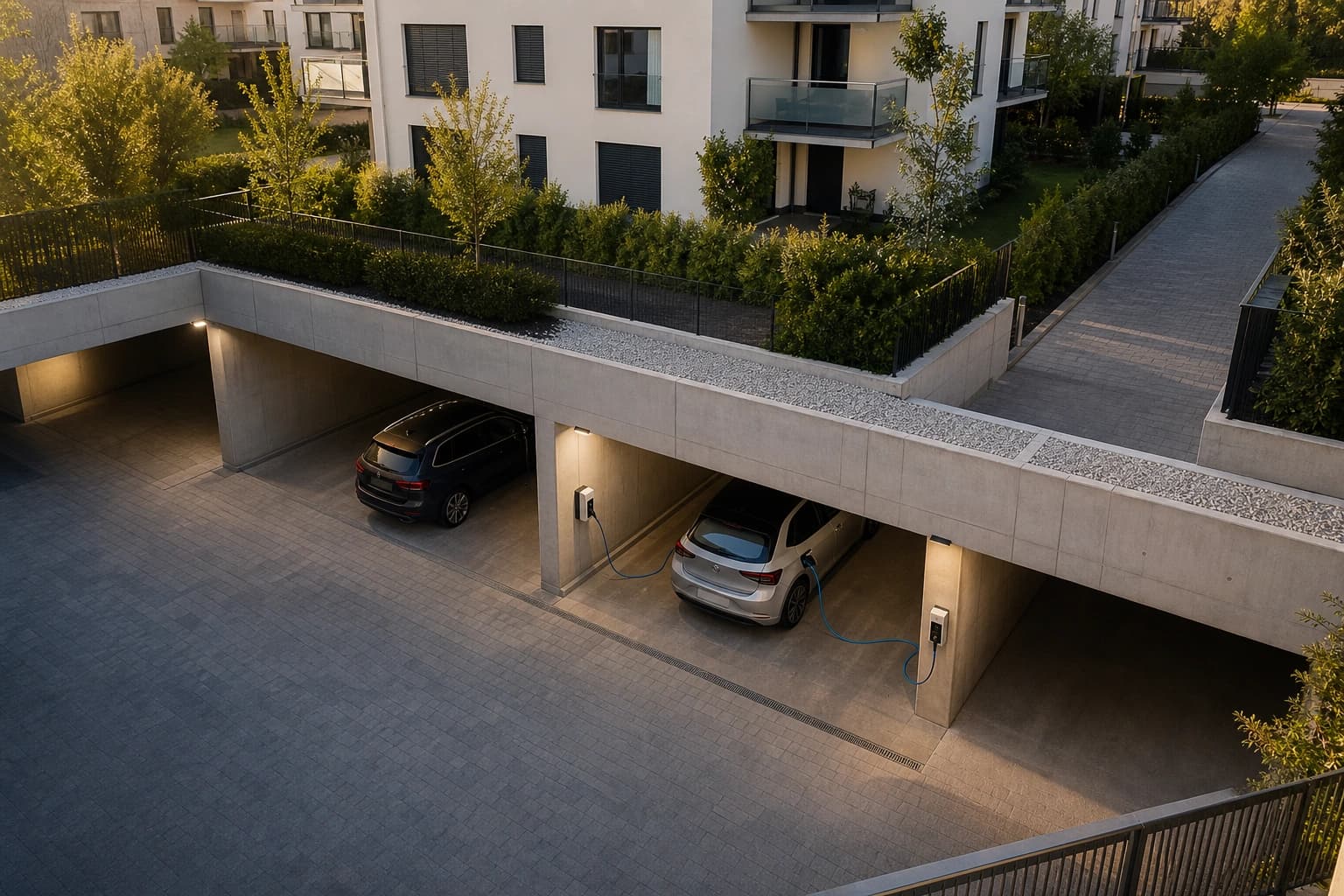 Wallboxen in einer Tiefgarage eines Mehrfamilienhauses
