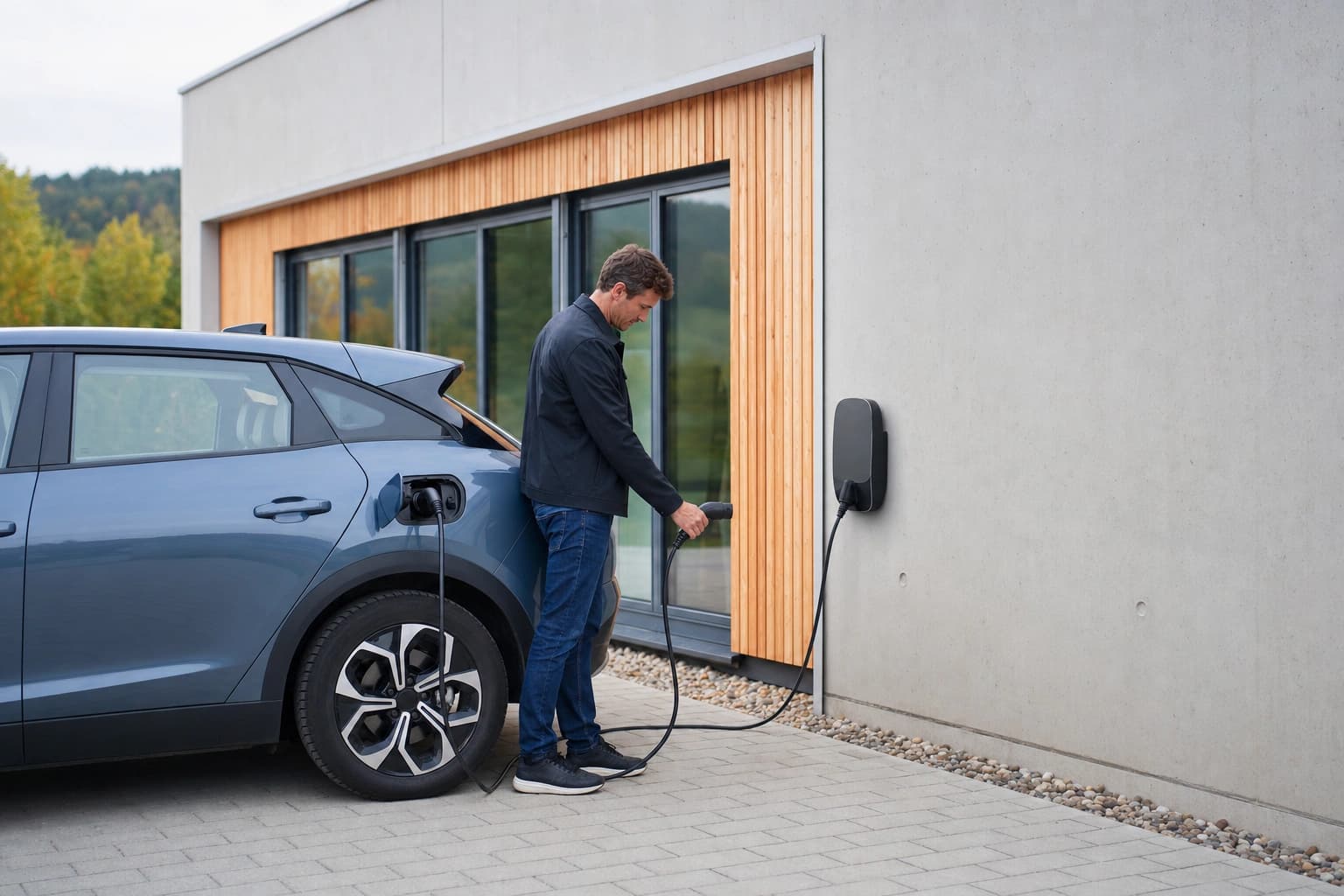 A single wallbox on a company façade, charging an electric car.
